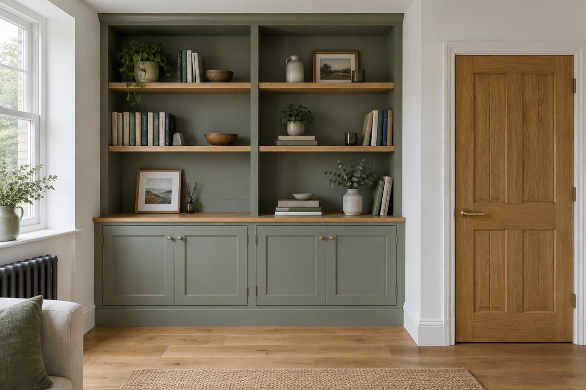 Illustration of painted fitted alcove cupboards, oak shelving and an internal timber door